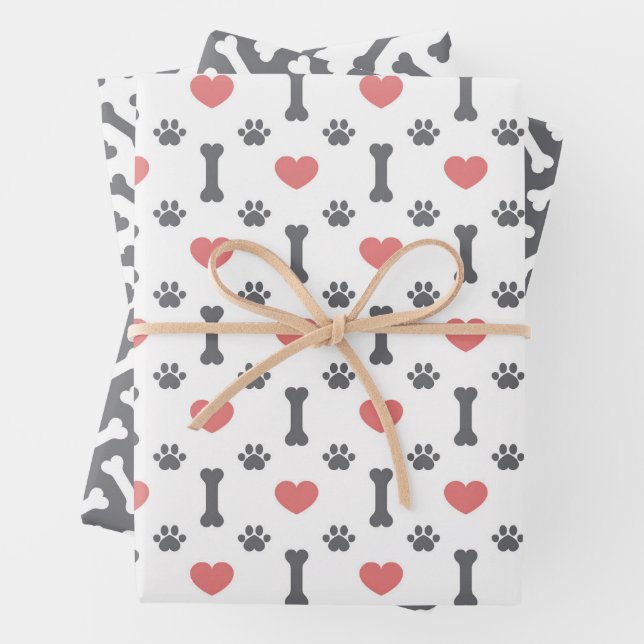 Dog Paws & Bone Print  Wrapping Paper Set of 3 (In situ)