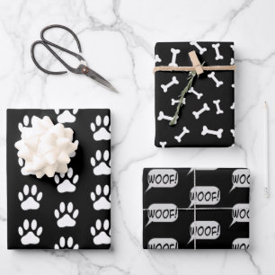 Dog Paws Bones Dog Lovers Black And White Pattern Wrapping Paper Sheet