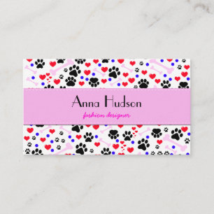 Dog Paws, Bones, Dots, Hearts - Red Pink Blue Business Card