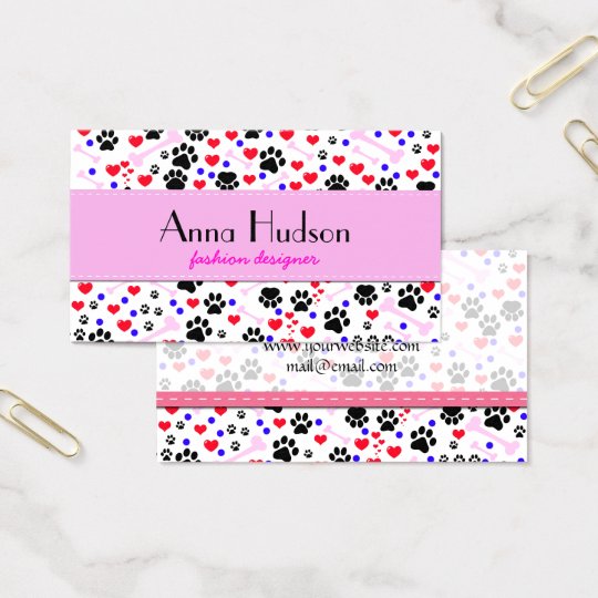 Dog Paws, Bones, Dots, Hearts - Red Pink Blue Business Card