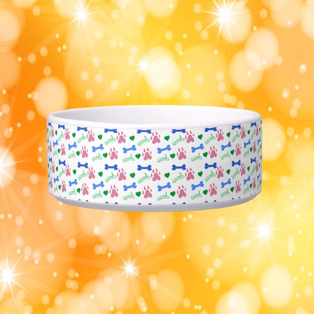 Dog Paws Bones Hearts Woof Pattern Pink Blue Green Bowl (A dog bowl with a pattern of dog paws, bones, hearts and woof in pink, green and blue.)
