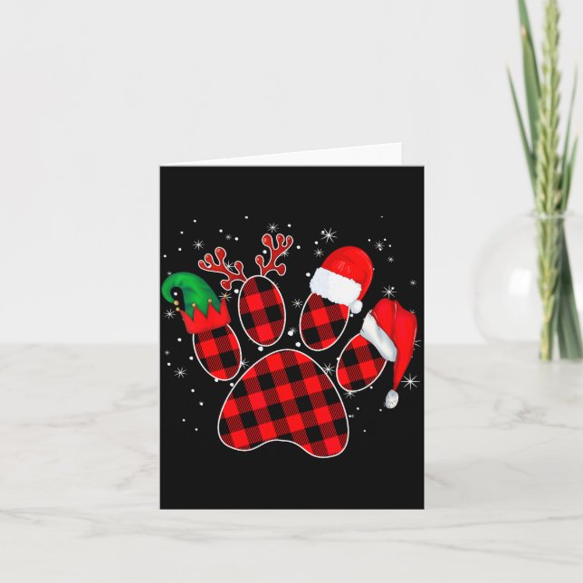 Dog Paws Christmas Buffalo Plaid Paw Santa Elf Rei Card (Front)