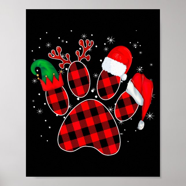 Dog Paws Christmas Buffalo Plaid Paw Santa Elf Rei Poster (Front)