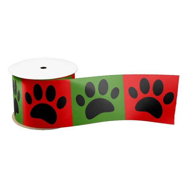 Dog Paws In Red And Green Squares Christmas Satin Ribbon (Spool)