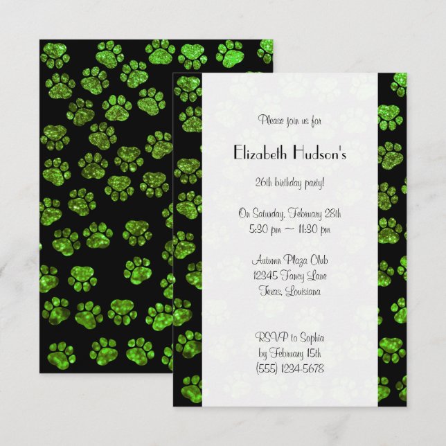 Dog Paws, Paw-prints, Glitter - Green Black Invitation (Front/Back)