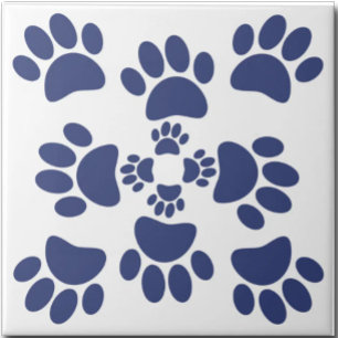 Dog Paws Prints Portuguese Style White and Blue Tile