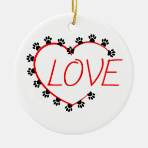 Dog Paws Red Heart Love Ceramic Tree Decoration