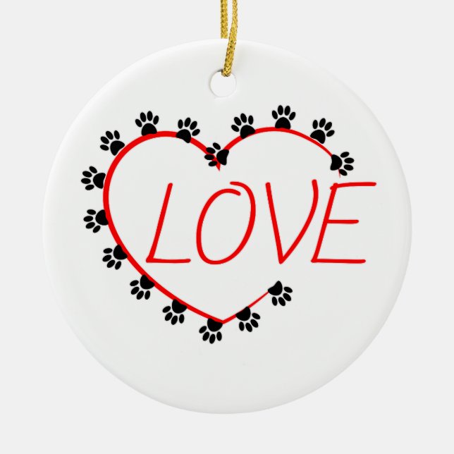 Dog Paws Red Heart Love Ceramic Tree Decoration (Front)