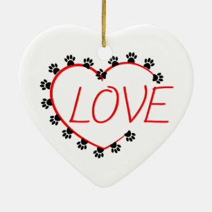 Dog Paws Red Heart Love Ceramic Tree Decoration