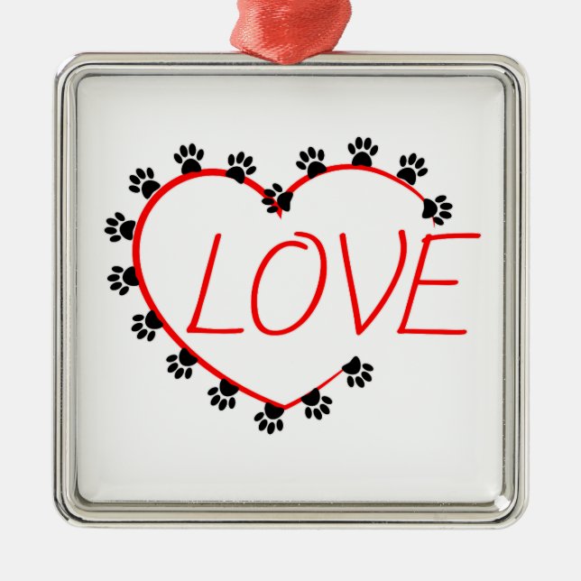 Dog Paws Red Heart Love Metal Tree Decoration (Front)