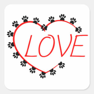 Dog Paws Red Heart Love Square Sticker