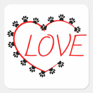 Dog Paws Red Heart Love Square Sticker