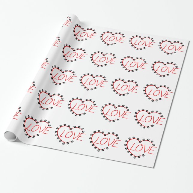 Dog Paws Red Heart Love Wrapping Paper (Unrolled)