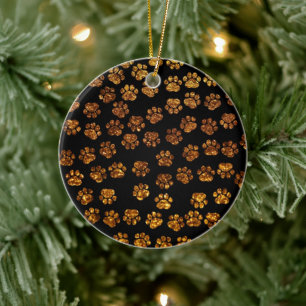 Dog Paws, Traces, Paw-prints, Glitter - Gold Black Ceramic Tree Decoration