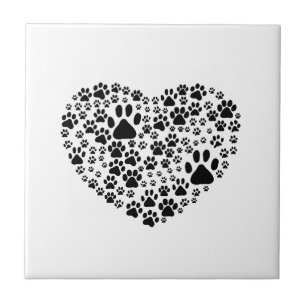 Dog Paws, Trails, Paw-prints, Heart - Black Tile
