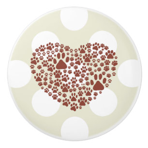 Dog Paws, Trails, Paw-prints, Heart - Brown Ceramic Knob