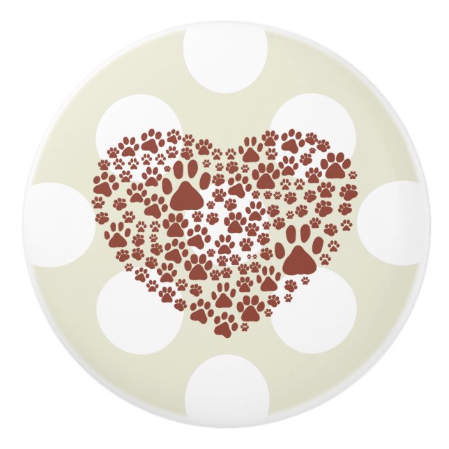 Dog Paws, Trails, Paw-prints, Heart - Brown Ceramic Knob (Front)