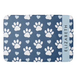 Dog Paws, White Paws, Blue Hearts, Your Name Bath Mat