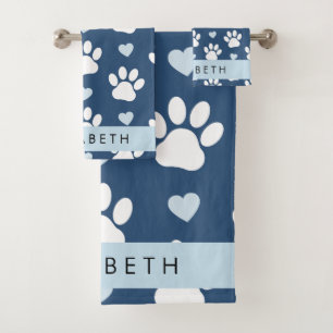 Dog Paws, White Paws, Blue Hearts, Your Name Bath Towel Set