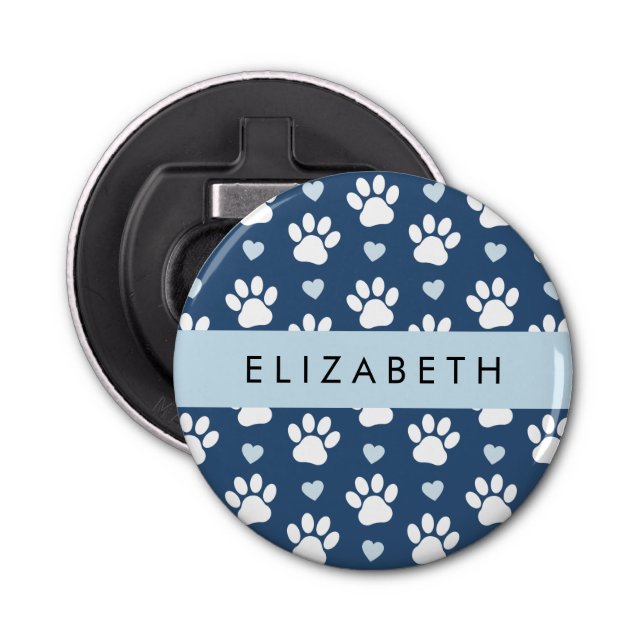 Dog Paws, White Paws, Blue Hearts, Your Name Bottle Opener (Front)