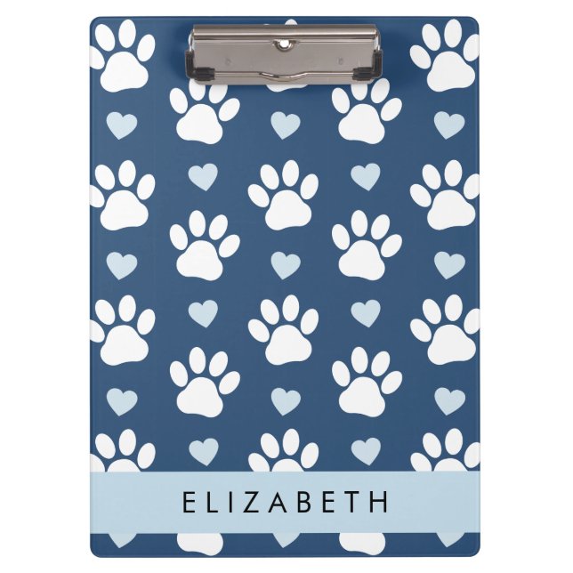 Dog Paws, White Paws, Blue Hearts, Your Name Clipboard (Front)
