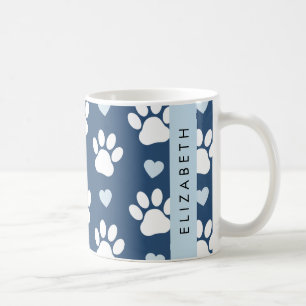 Dog Paws, White Paws, Blue Hearts, Your Name Coffee Mug