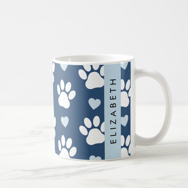 Dog Paws, White Paws, Blue Hearts, Your Name Coffee Mug (Right)
