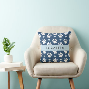 Dog Paws, White Paws, Blue Hearts, Your Name Cushion
