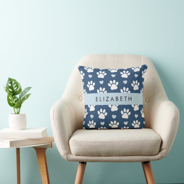 Dog Paws, White Paws, Blue Hearts, Your Name Cushion (Chair)
