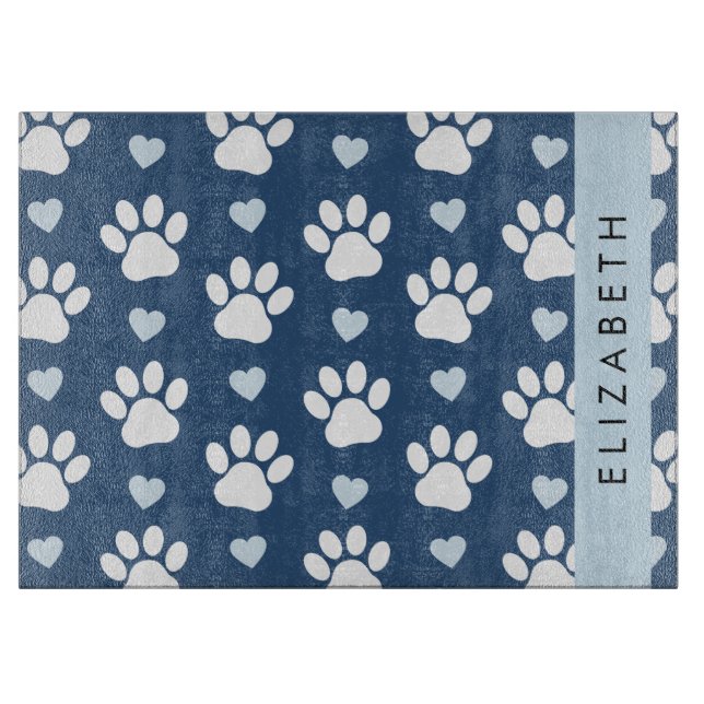 Dog Paws, White Paws, Blue Hearts, Your Name Cutting Board (Front)