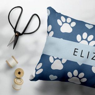 Dog Paws, White Paws, Blue Hearts, Your Name Decorative Cushion