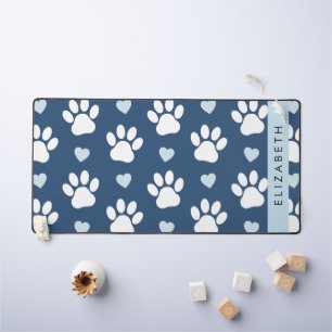 Dog Paws, White Paws, Blue Hearts, Your Name Desk Mat