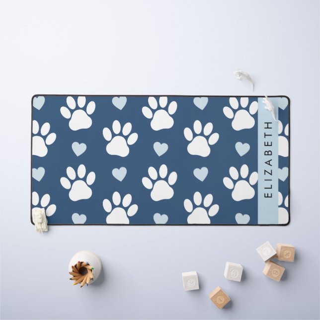Dog Paws, White Paws, Blue Hearts, Your Name Desk Mat (Kids Table)