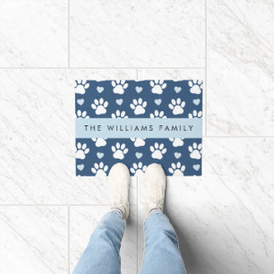 Dog Paws, White Paws, Blue Hearts, Your Name Doormat