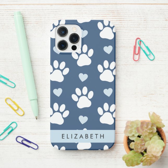 Dog Paws, White Paws, Blue Hearts, Your Name iPhone Case (On Desk)