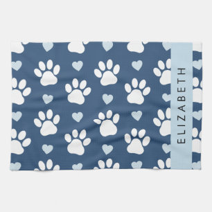 Dog Paws, White Paws, Blue Hearts, Your Name Tea Towel