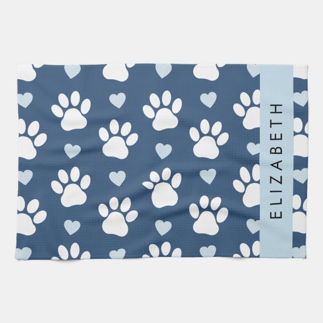 Dog Paws, White Paws, Blue Hearts, Your Name Tea Towel (Horizontal)