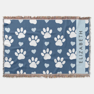 Dog Paws, White Paws, Blue Hearts, Your Name Throw Blanket