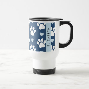Dog Paws, White Paws, Blue Hearts, Your Name Travel Mug