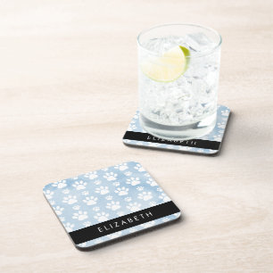 Dog Paws, White Paws, Blue Watercolors, Your Name Coaster