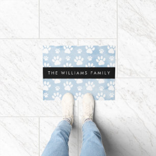 Dog Paws, White Paws, Blue Watercolors, Your Name Doormat