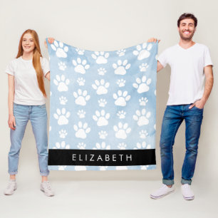 Dog Paws, White Paws, Blue Watercolors, Your Name Fleece Blanket