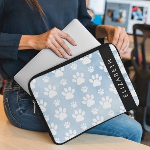 Dog Paws, White Paws, Blue Watercolors, Your Name Laptop Sleeve
