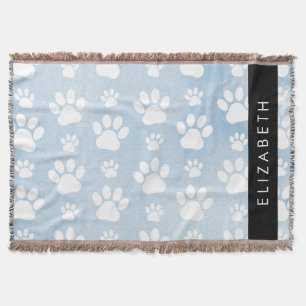 Dog Paws, White Paws, Blue Watercolors, Your Name Throw Blanket