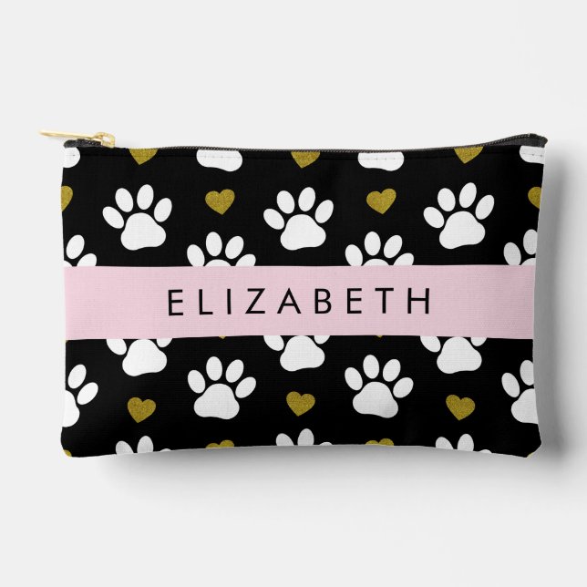 Dog Paws, White Paws, Gold Hearts, Your Name Accessory Pouch (Front)