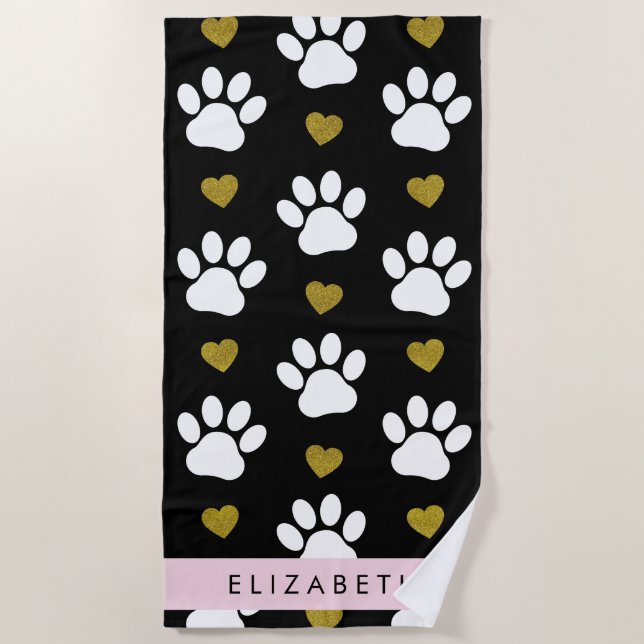Dog Paws, White Paws, Gold Hearts, Your Name Beach Towel (Front)