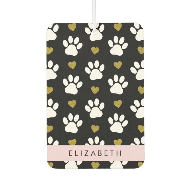 Dog Paws, White Paws, Gold Hearts, Your Name Car Air Freshener (Front)