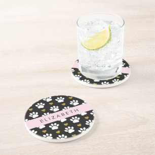 Dog Paws, White Paws, Gold Hearts, Your Name Coaster