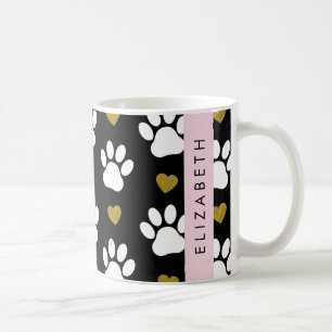 Dog Paws, White Paws, Gold Hearts, Your Name Coffee Mug