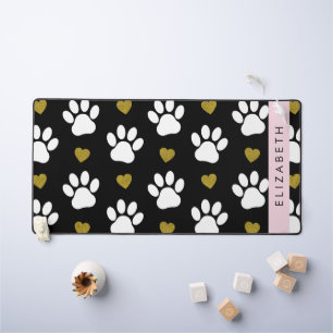 Dog Paws, White Paws, Gold Hearts, Your Name Desk Mat